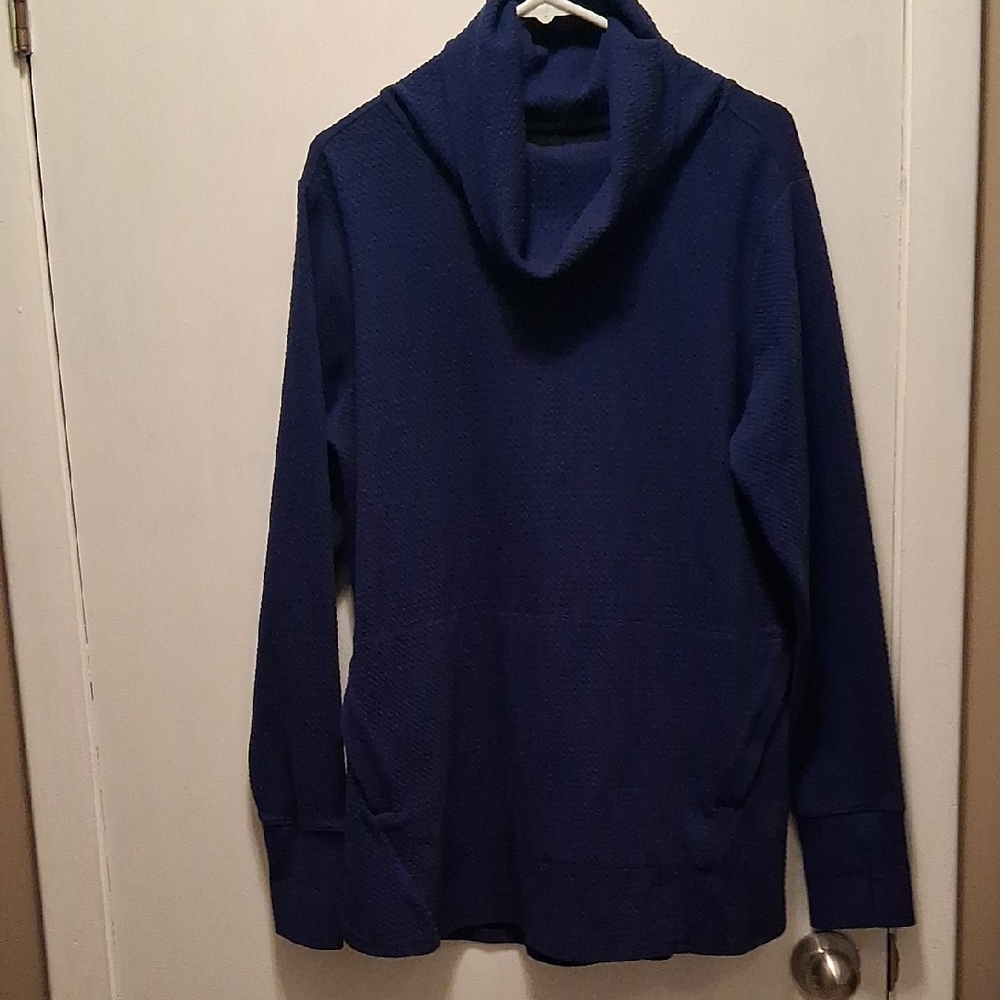 Duluth Blue Textured Cowl Neck Sweater, Thumbhole Cuffs, Pockets. Size L